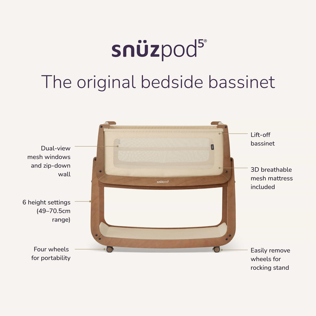 SnuzPod5 Bedside Bassinet Walnut